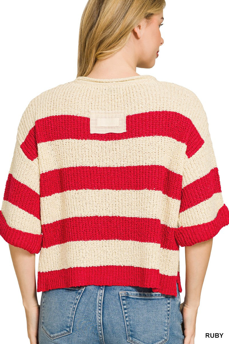 Stylish striped sweater for women split neck casual knit top