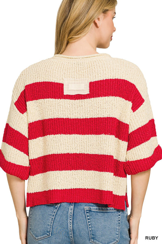 Stylish striped sweater for women split neck casual knit top