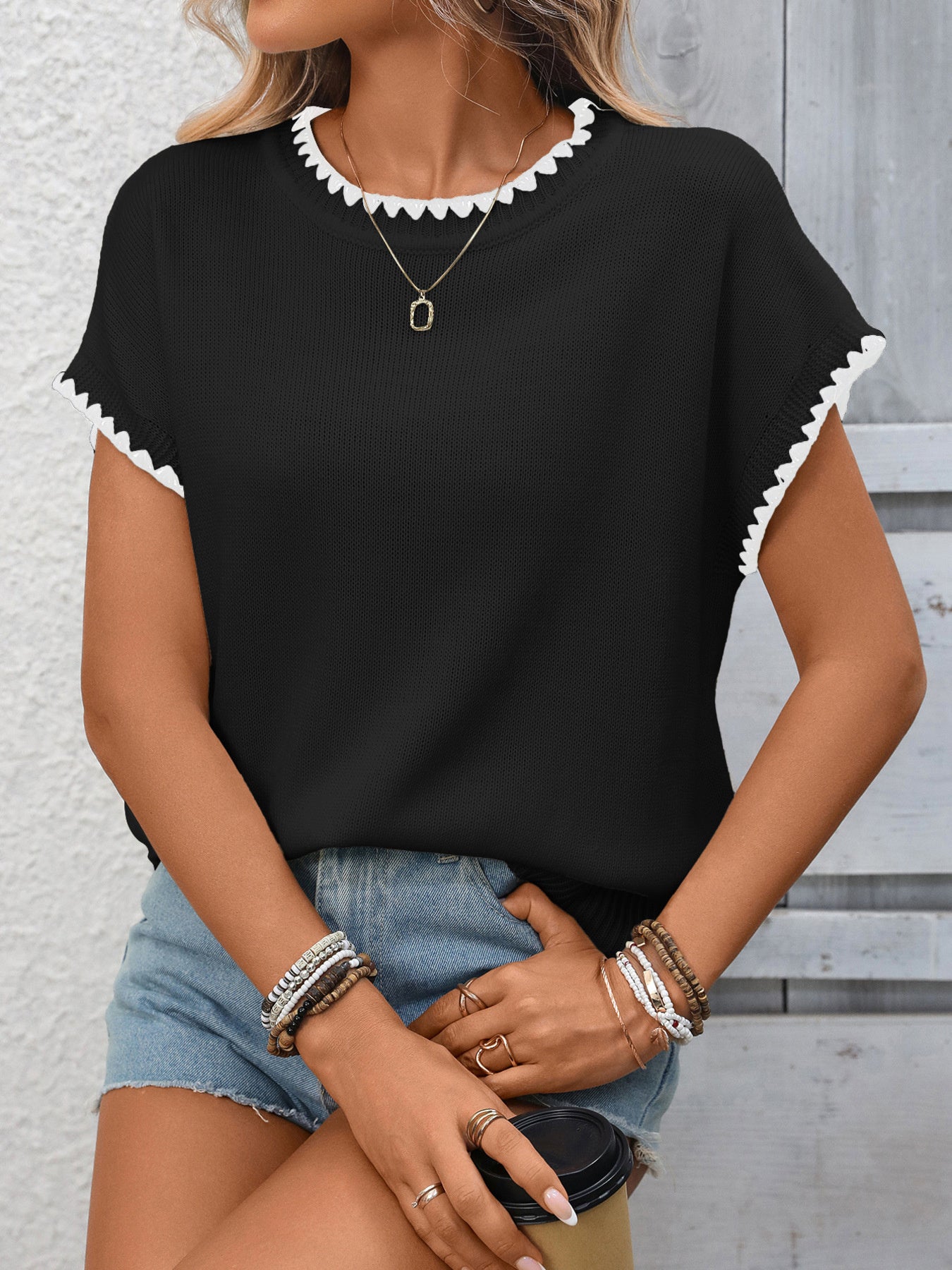 Modern women sweater ribbed knit contrast trim short sleeve style