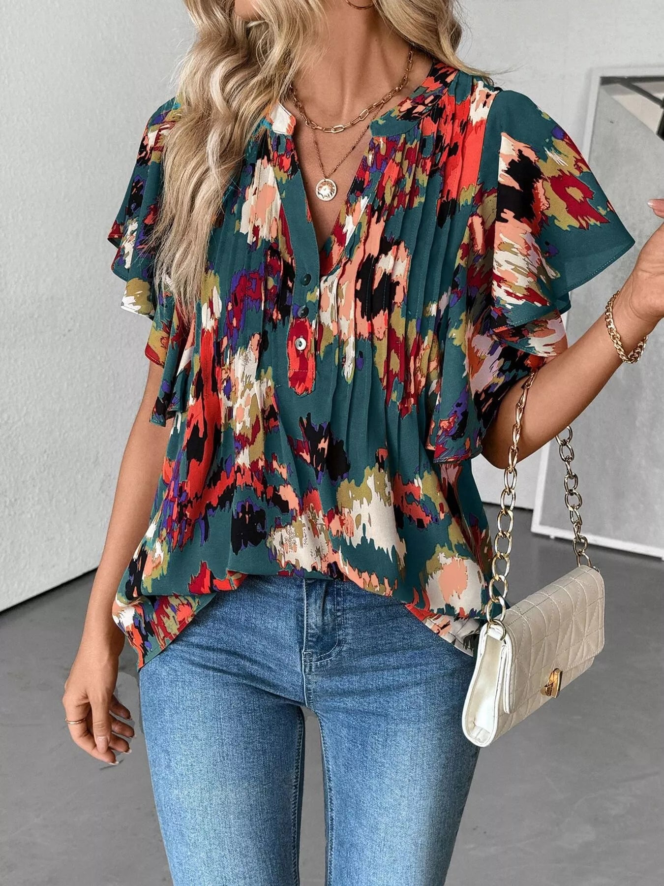 Abstract print ruffle sleeve blouse for women stylish top Elluxora