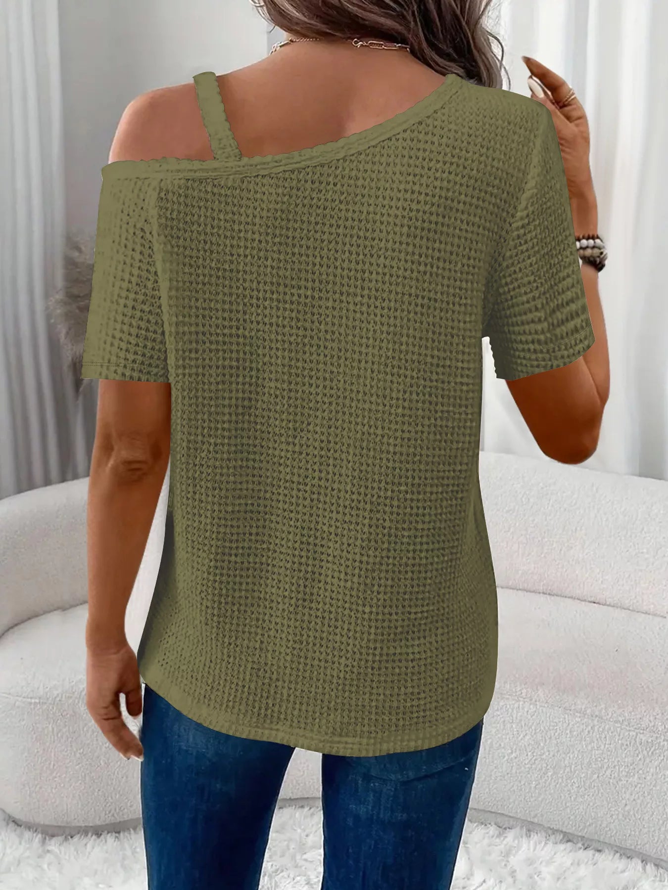 Women fashion waffle knit t shirt chain detail Elluxora