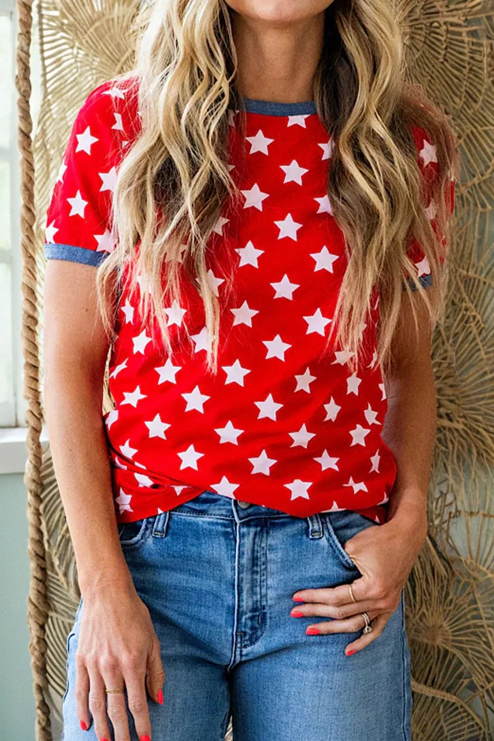 Stars print colorblock tunic top for women casual viscose tee Elluxora