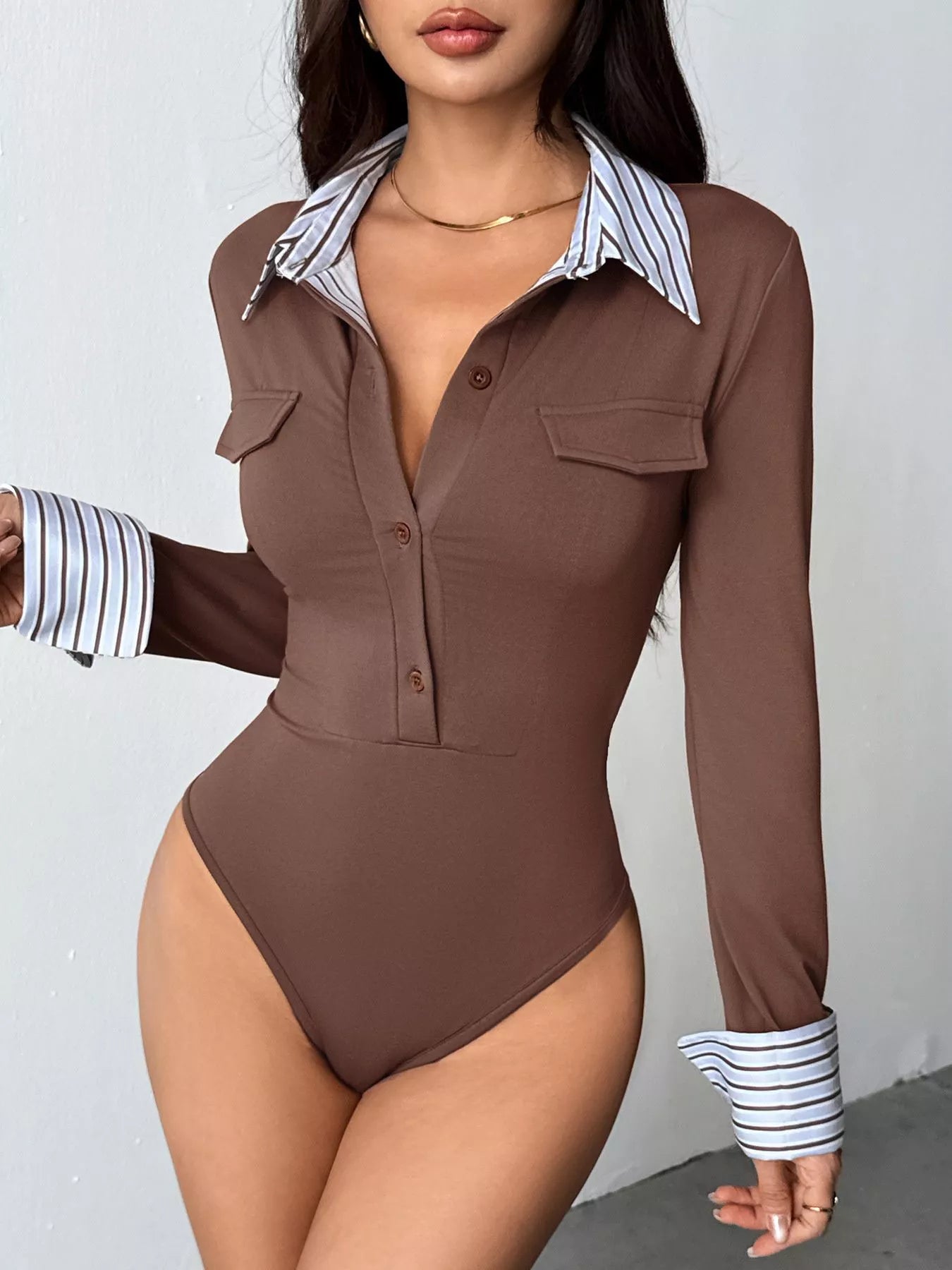 Stylish button front bodysuit for women long sleeve design