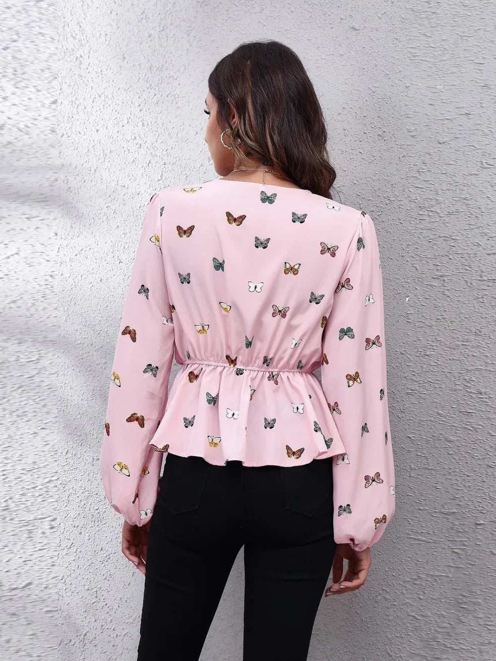 Modern women blouse butterfly v neck balloon sleeve peplum look