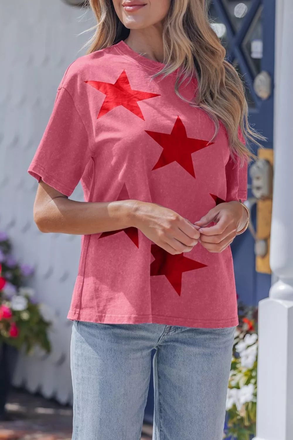 Women star print tee mineral wash patriotic casual top