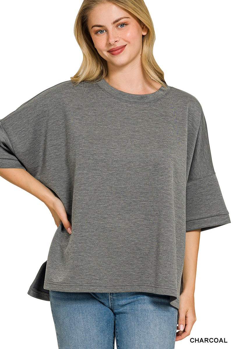 Zenana full size scuba round neck top with side slits for women Elluxora