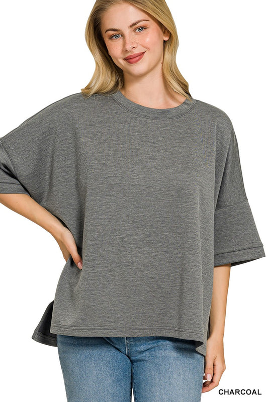 Zenana full size scuba round neck top with side slits for women Elluxora