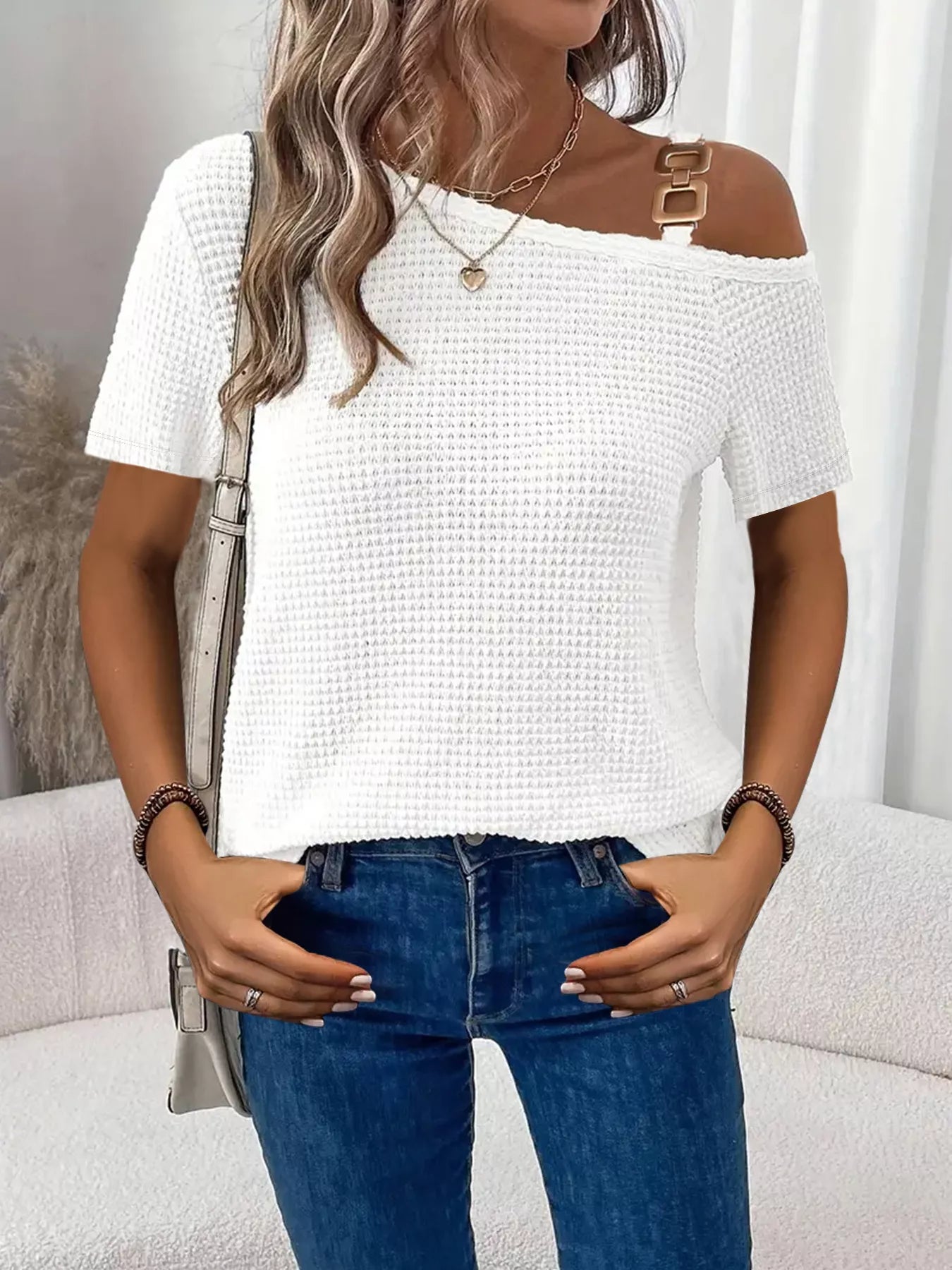 Trendy women one shoulder waffle knit t shirt chain detail style