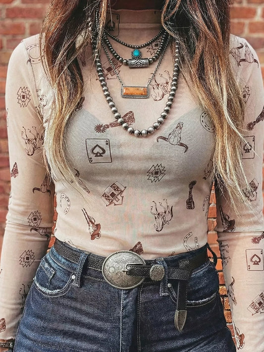 Western print mesh long sleeve mock neck top for women Elluxora