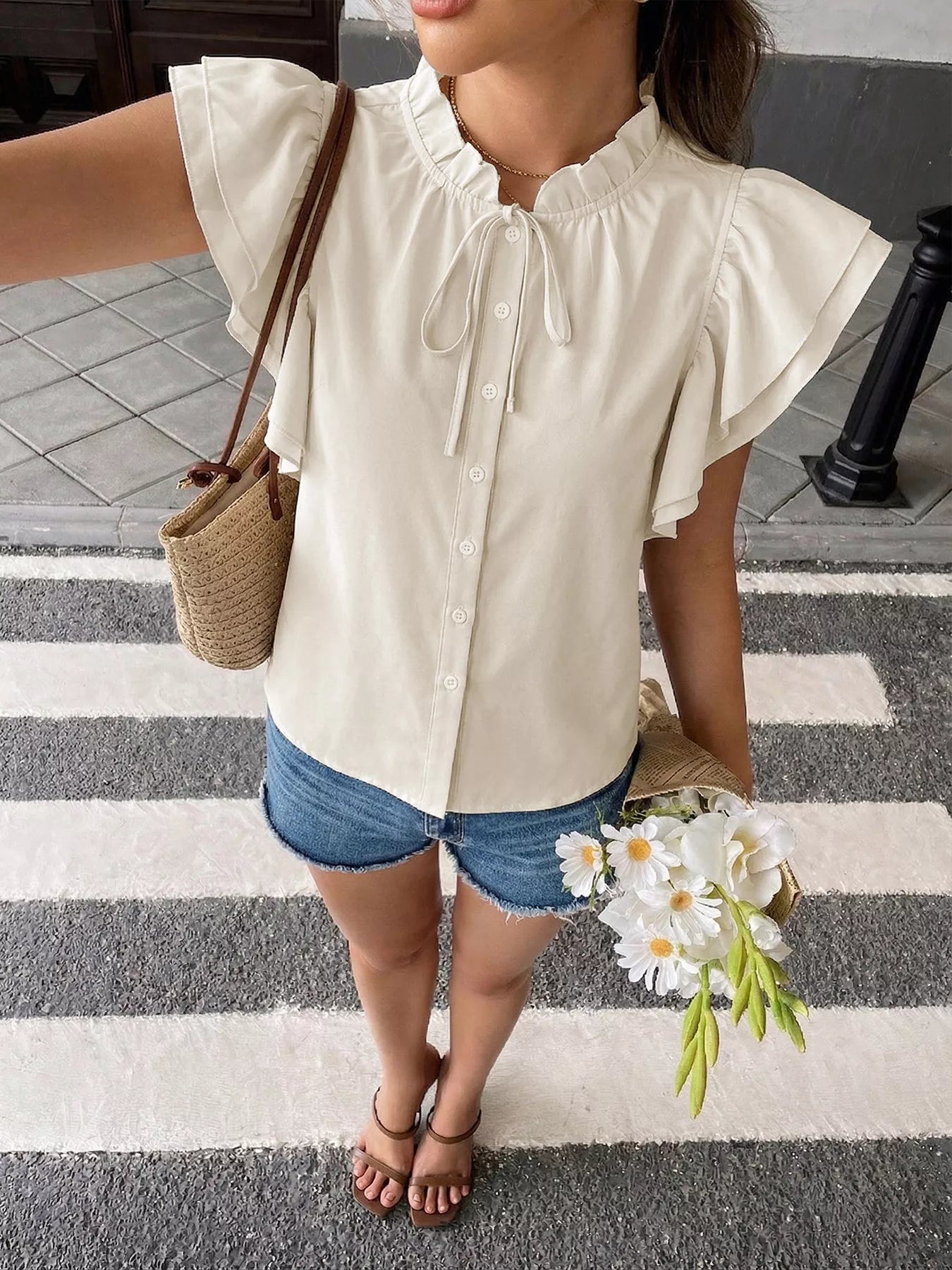Women soft fabric blouse tie neck ruffle sleeve bow