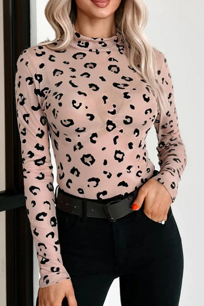Women leopard print bodysuit sheer mesh trendy fit Elluxora