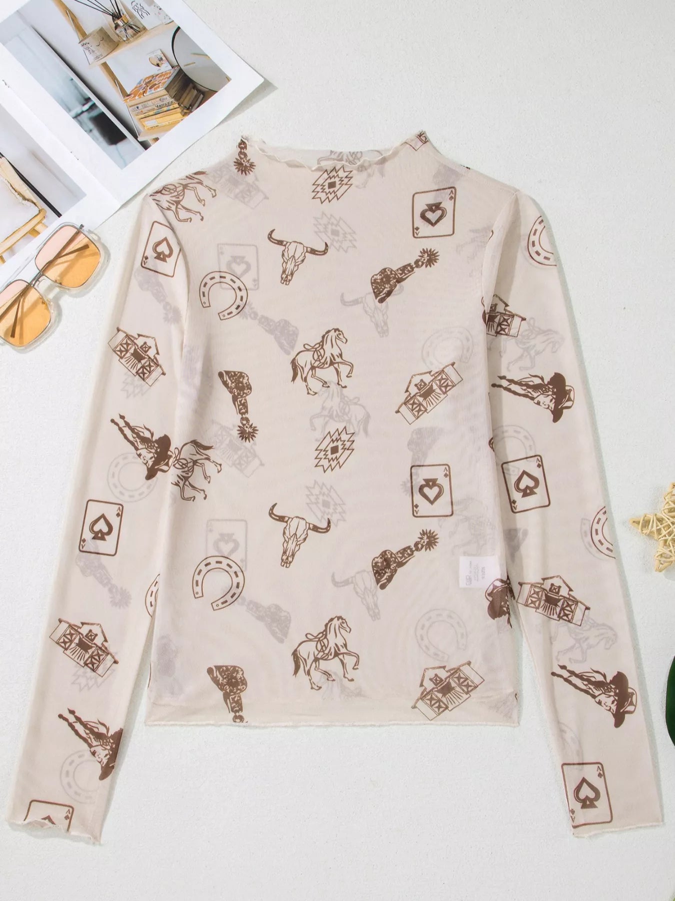 Stylish western print mesh top for women mock neck long sleeve
