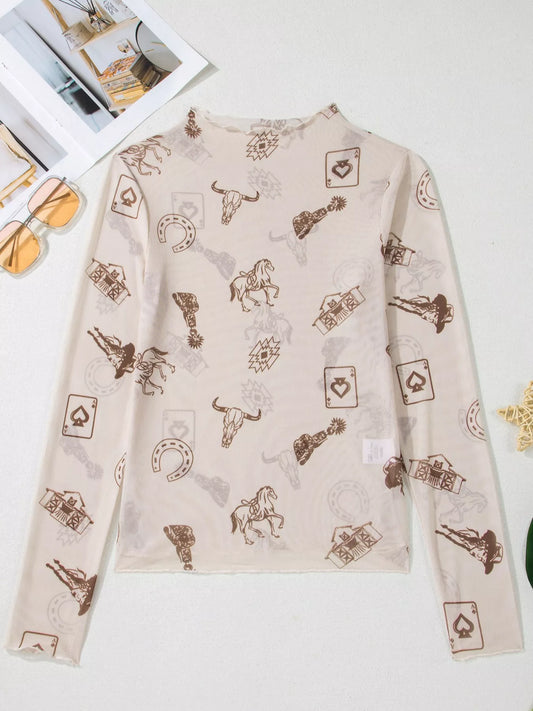 Stylish western print mesh top for women mock neck long sleeve