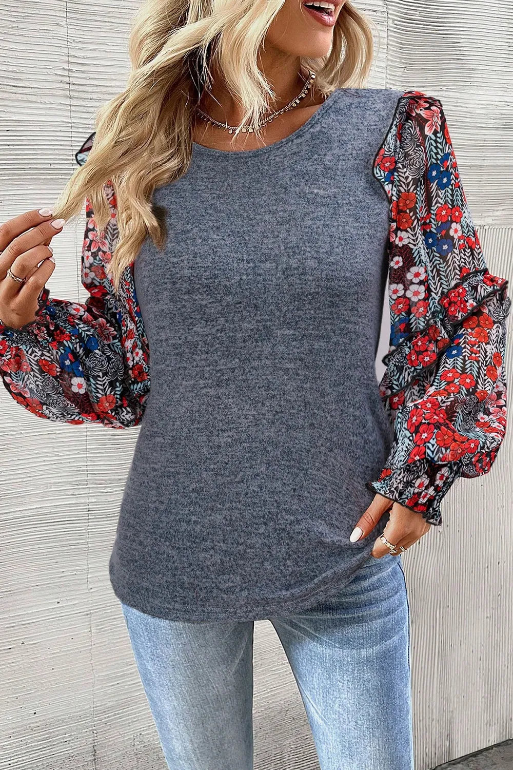 Modern women blouse heathered floral frill lantern sleeve look
