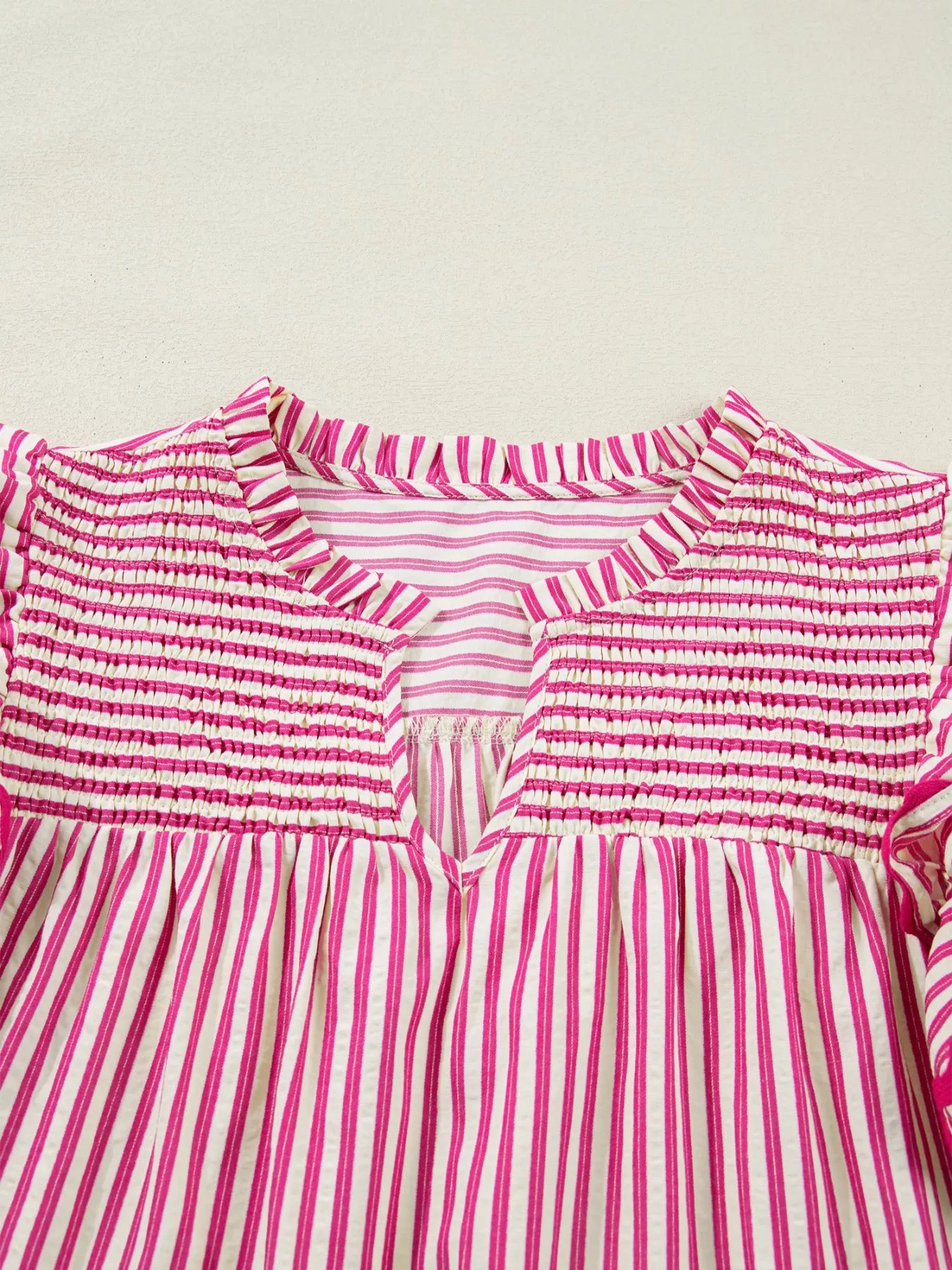 Chic women blouse striped shirred yoke ruffle sleeve outfit