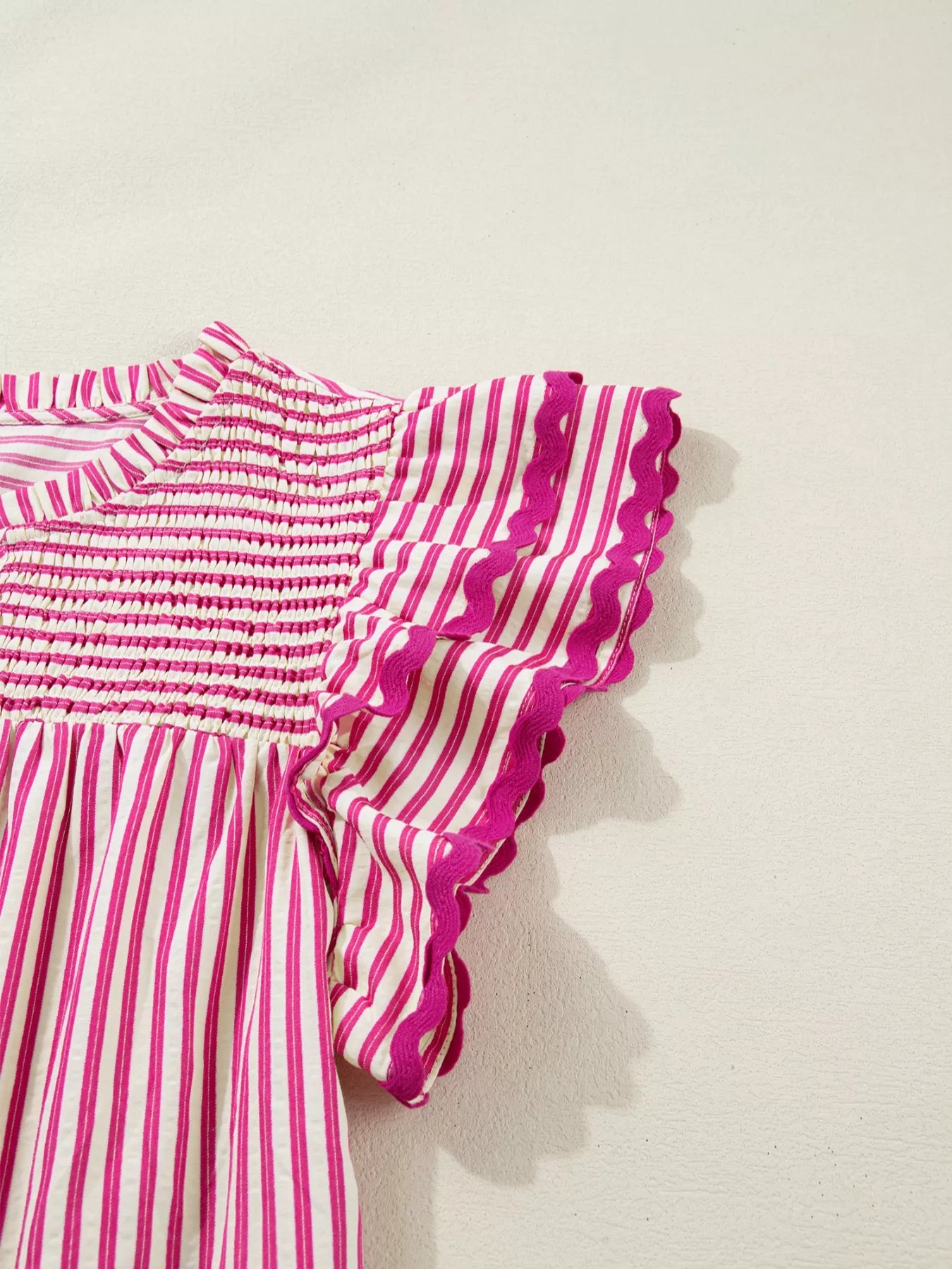 Breathable striped blouse for women shirred yoke ruffle sleeve
