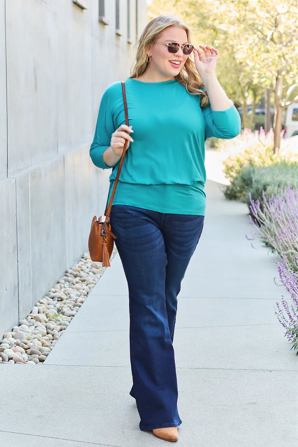 Relaxed fit batwing sleeve top for women round neck full size Elluxora