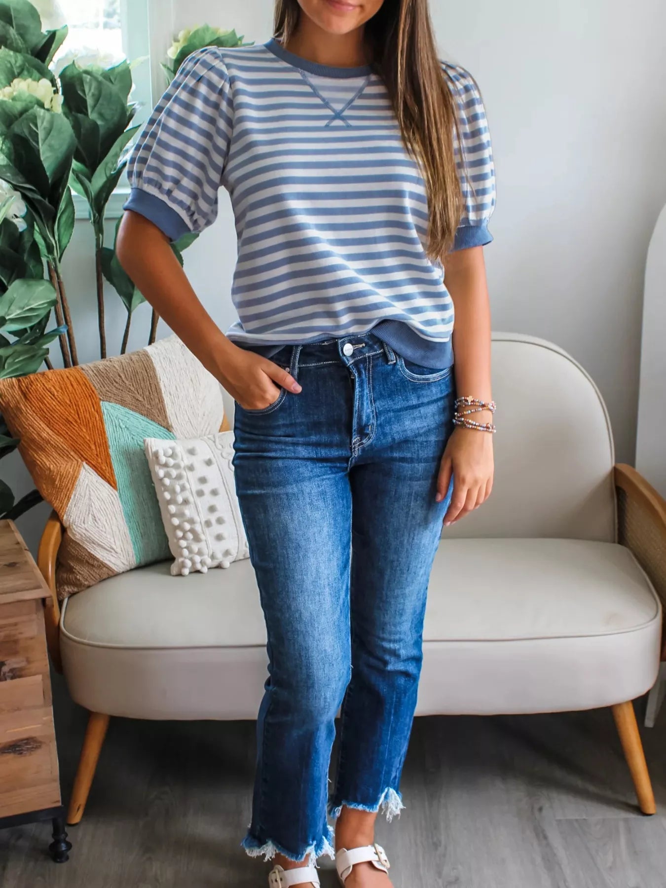 Casual women striped tee bubble sleeve short sleeve outfit
