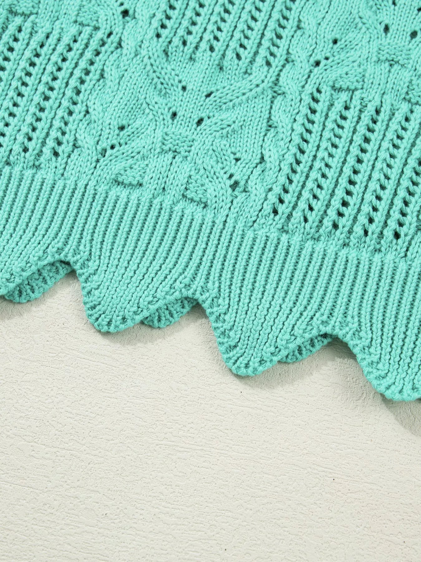 Cozy pointelle knit sweater for women scalloped trim short sleeve