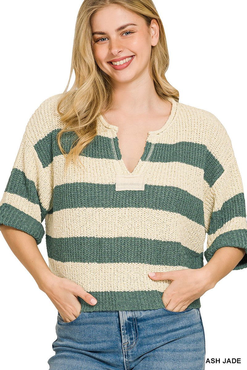 Zenana split neck stripe sweater for women cropped knit top Elluxora