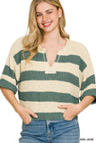 Zenana split neck stripe sweater for women cropped knit top Elluxora
