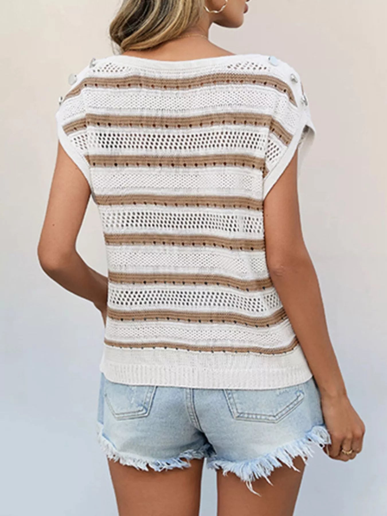 Cozy women knit top openwork round neck cap sleeve lightweight 