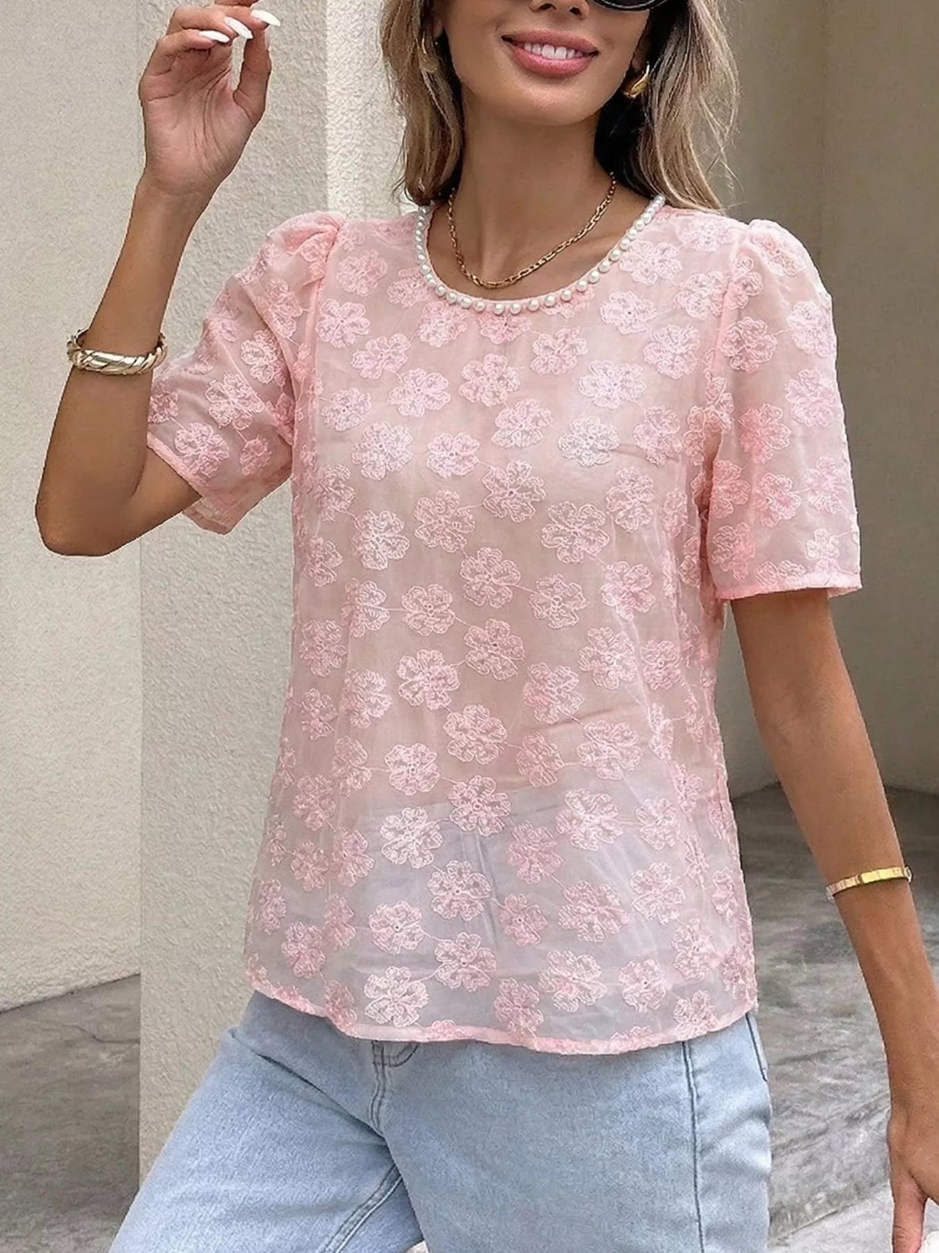 Elegant floral blouse women pearl trim embroidered style