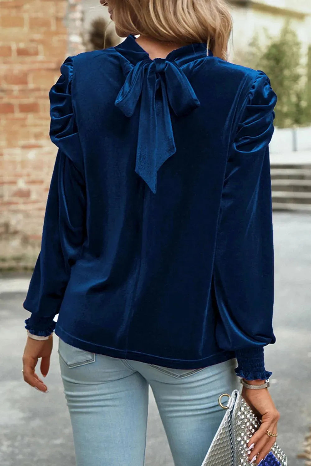 Comfortable women blouse velvet tie up mock neck long sleeve design