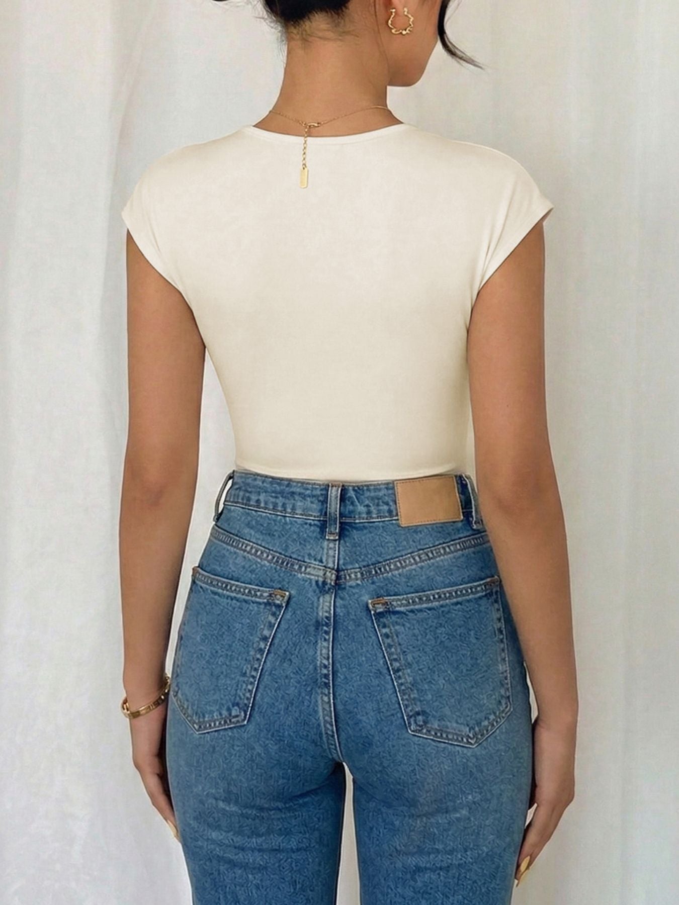 Modern women bodysuit surplice cap sleeve elegant wrap style