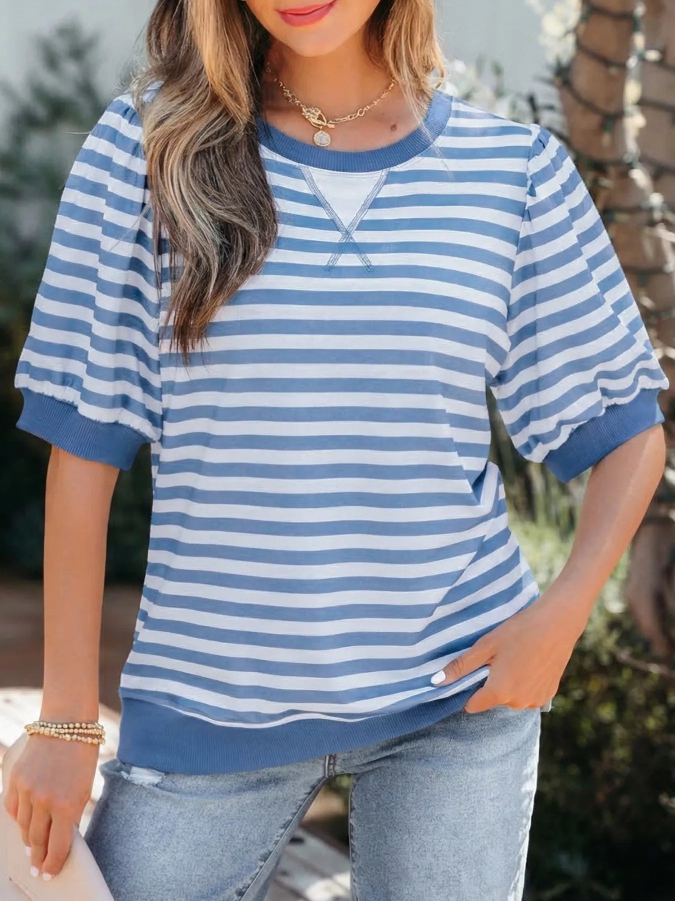 Stripe bubble sleeve t shirt for women short sleeve top Elluxora