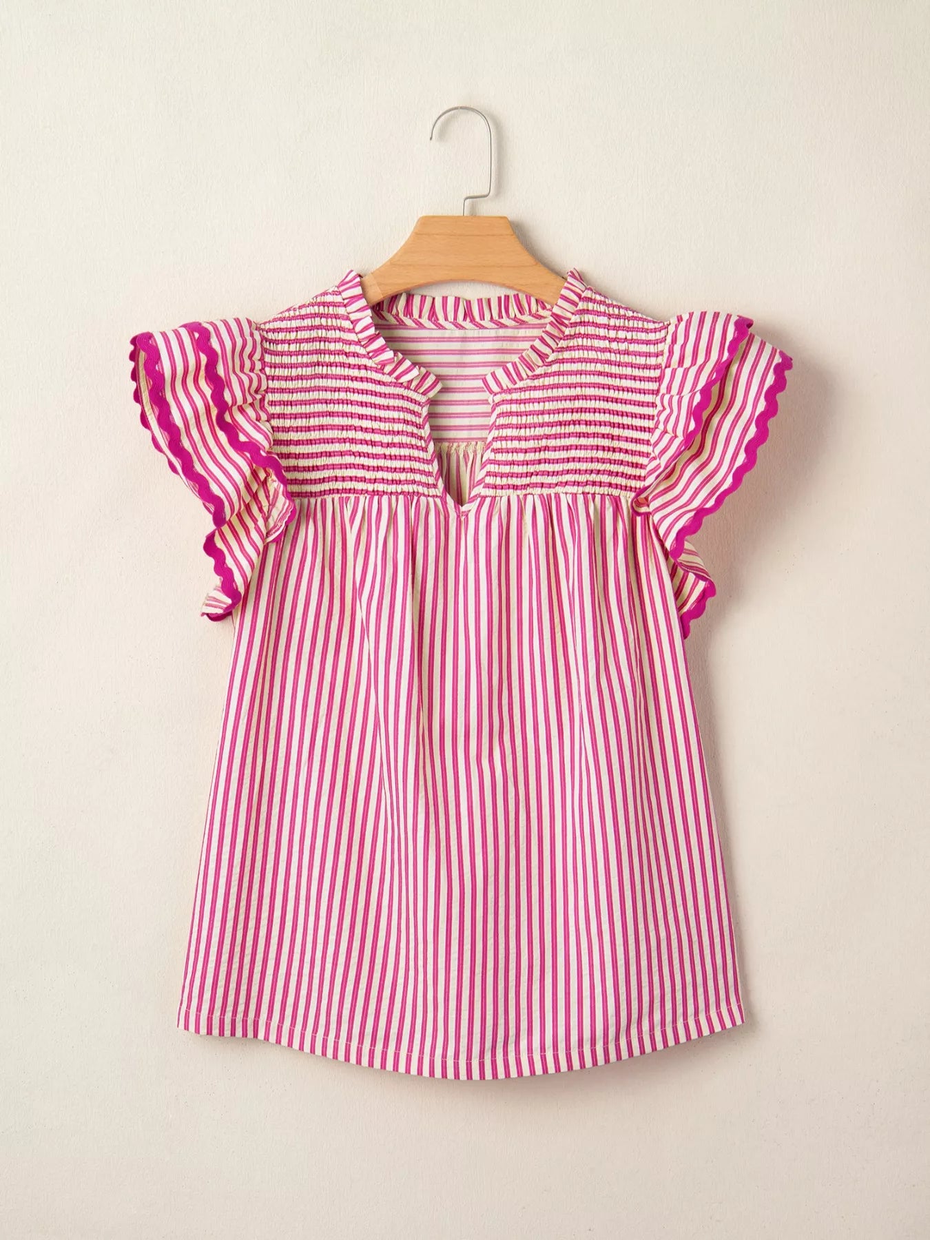 Modern women blouse striped shirred yoke ruffle sleeve look
