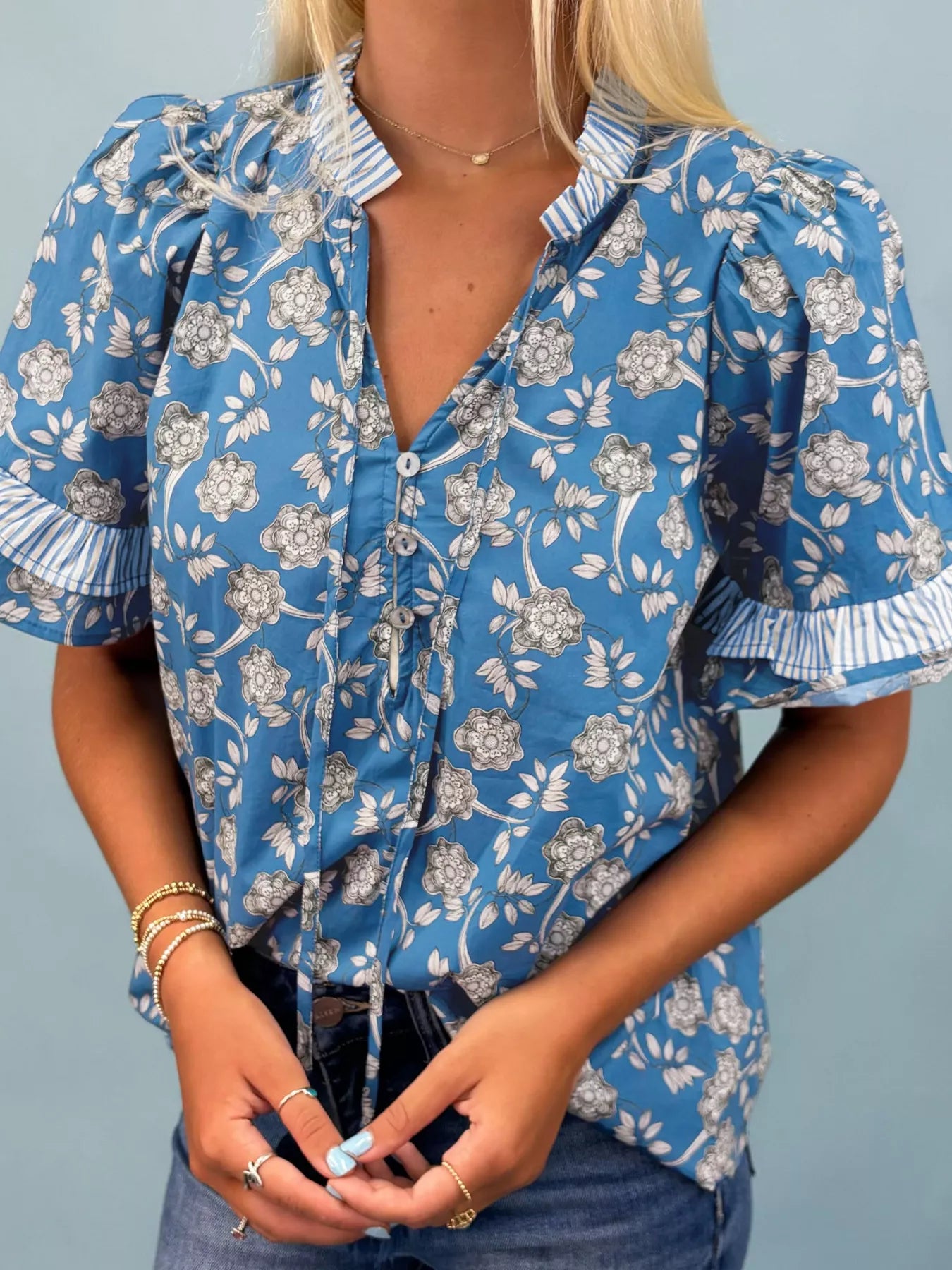 Casual women blouse floral print ruffle sleeve cotton top 