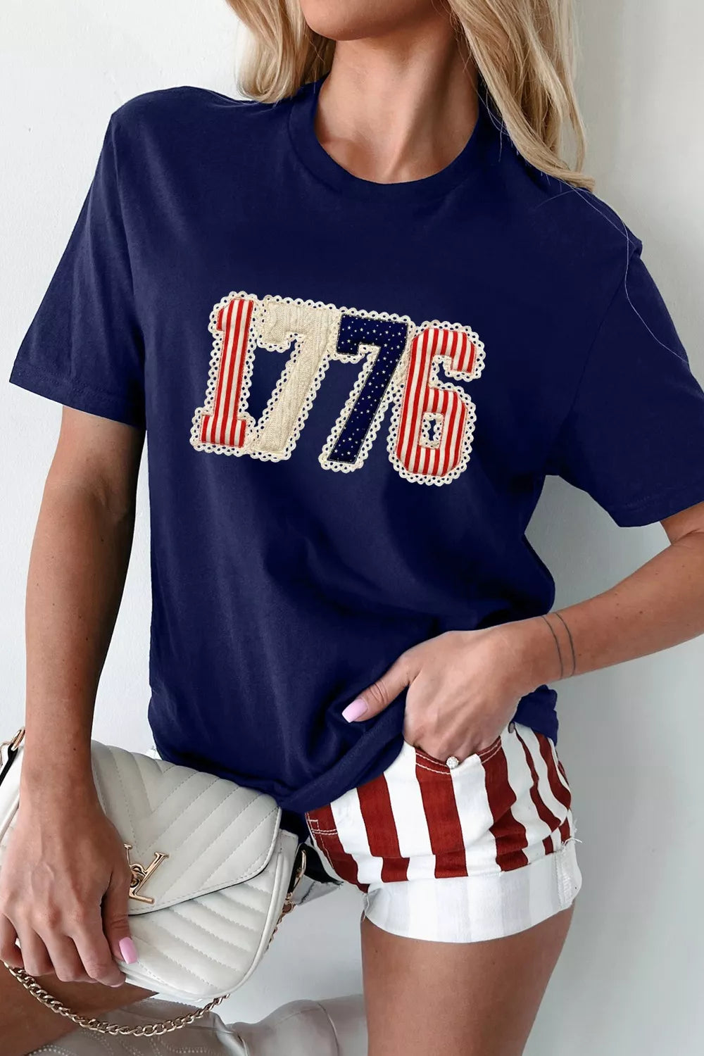 Patriotic 1776 round neck t shirt for women graphic tee Elluxora