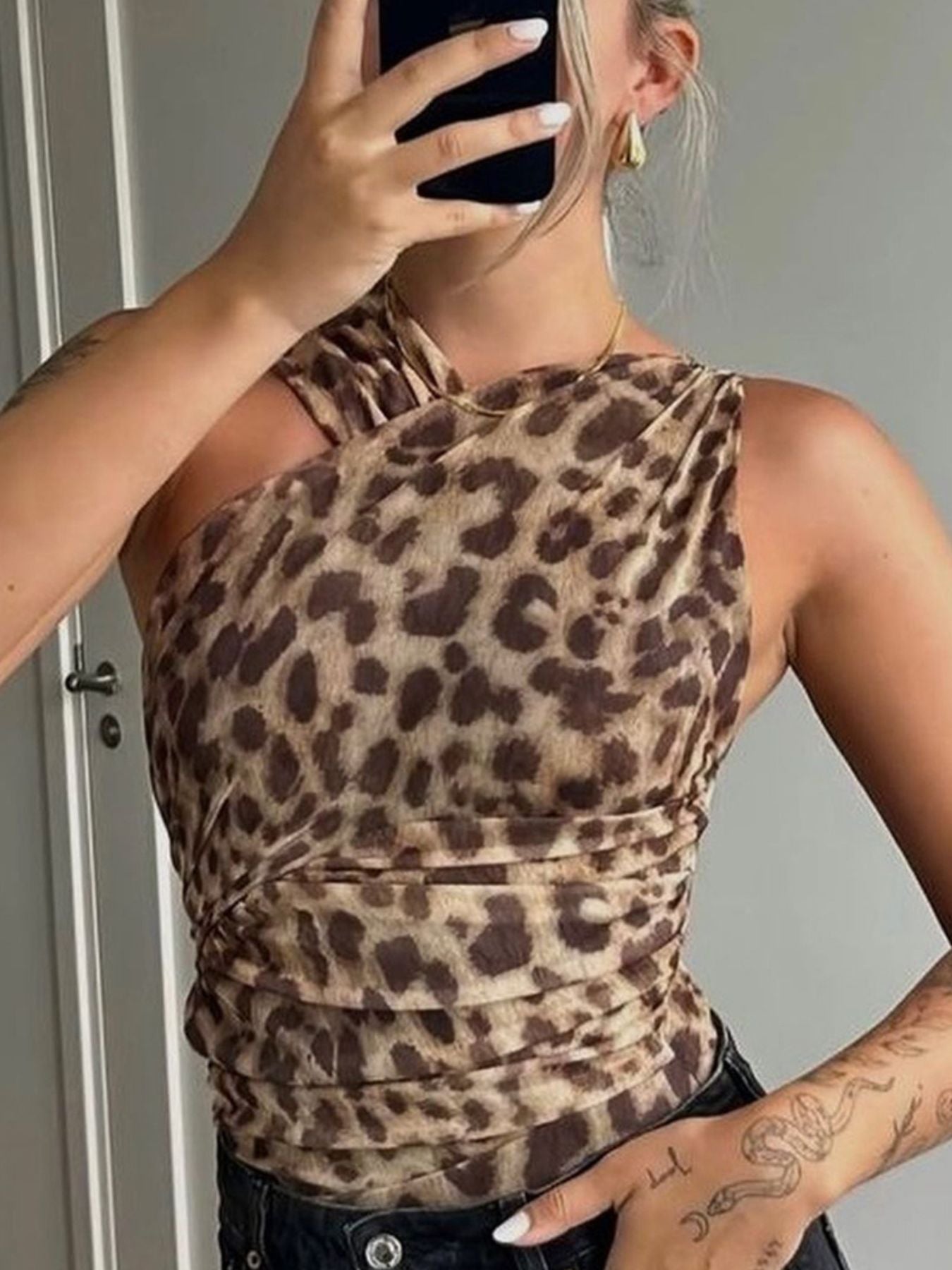 Fashion leopard bodysuit for women ruched asymmetrical design