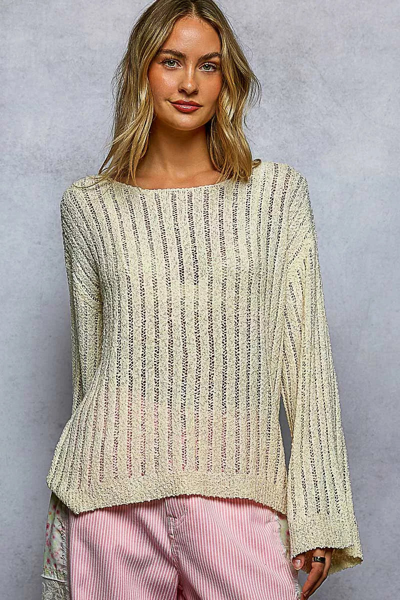 POL round neck long sleeve open weave sweater for women Elluxora