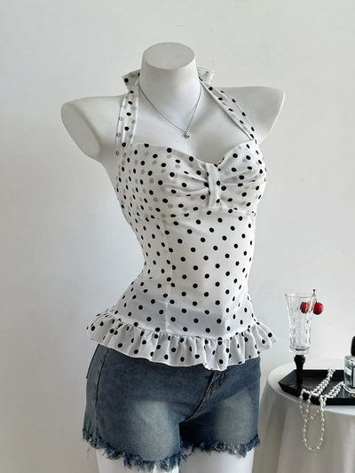 Polka Dot Halter Neck Cami for Women – Smocked Ruffle Top | Elluxora