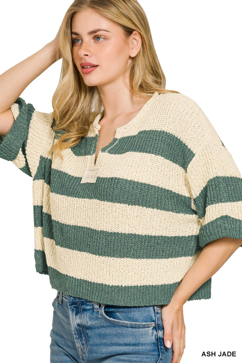 Women Zenana striped sweater split neck cropped knit top Elluxora