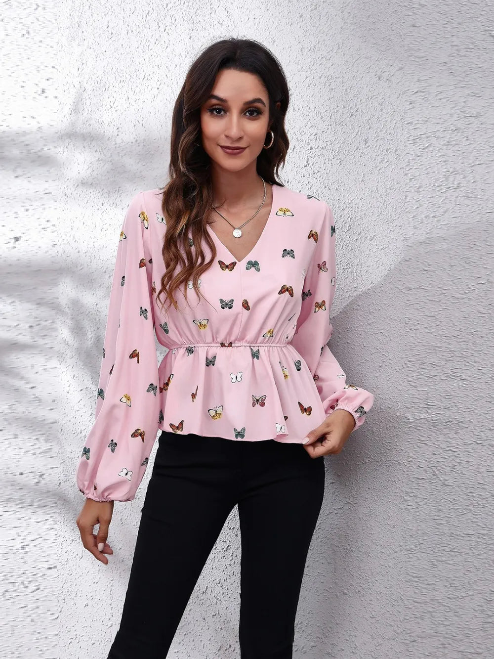 Butterfly v neck balloon sleeve peplum blouse for women Elluxora