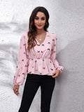 Butterfly v neck balloon sleeve peplum blouse for women Elluxora