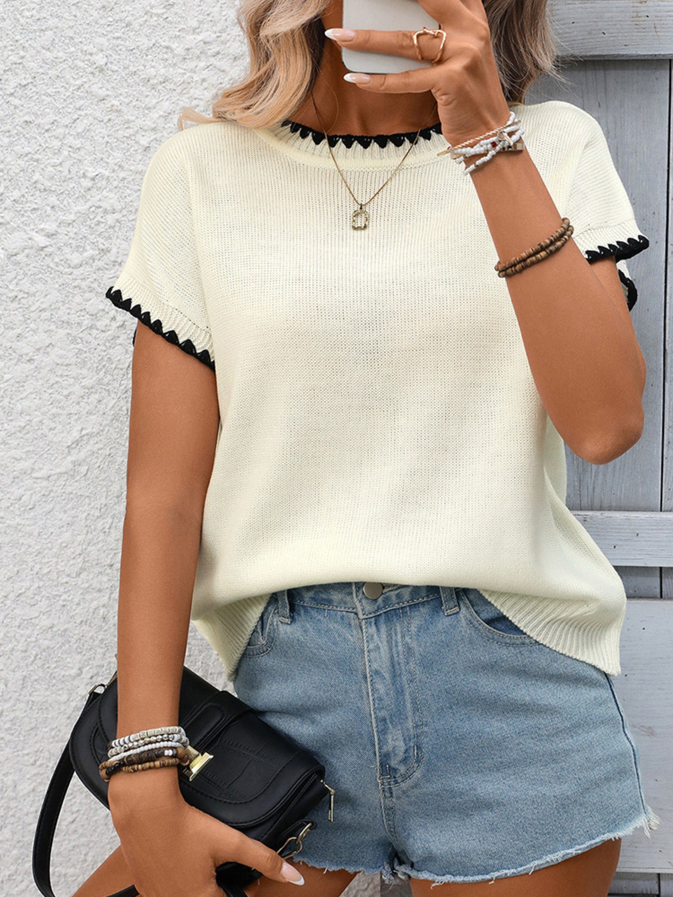 Everyday women sweater ribbed knit short sleeve contrast trim