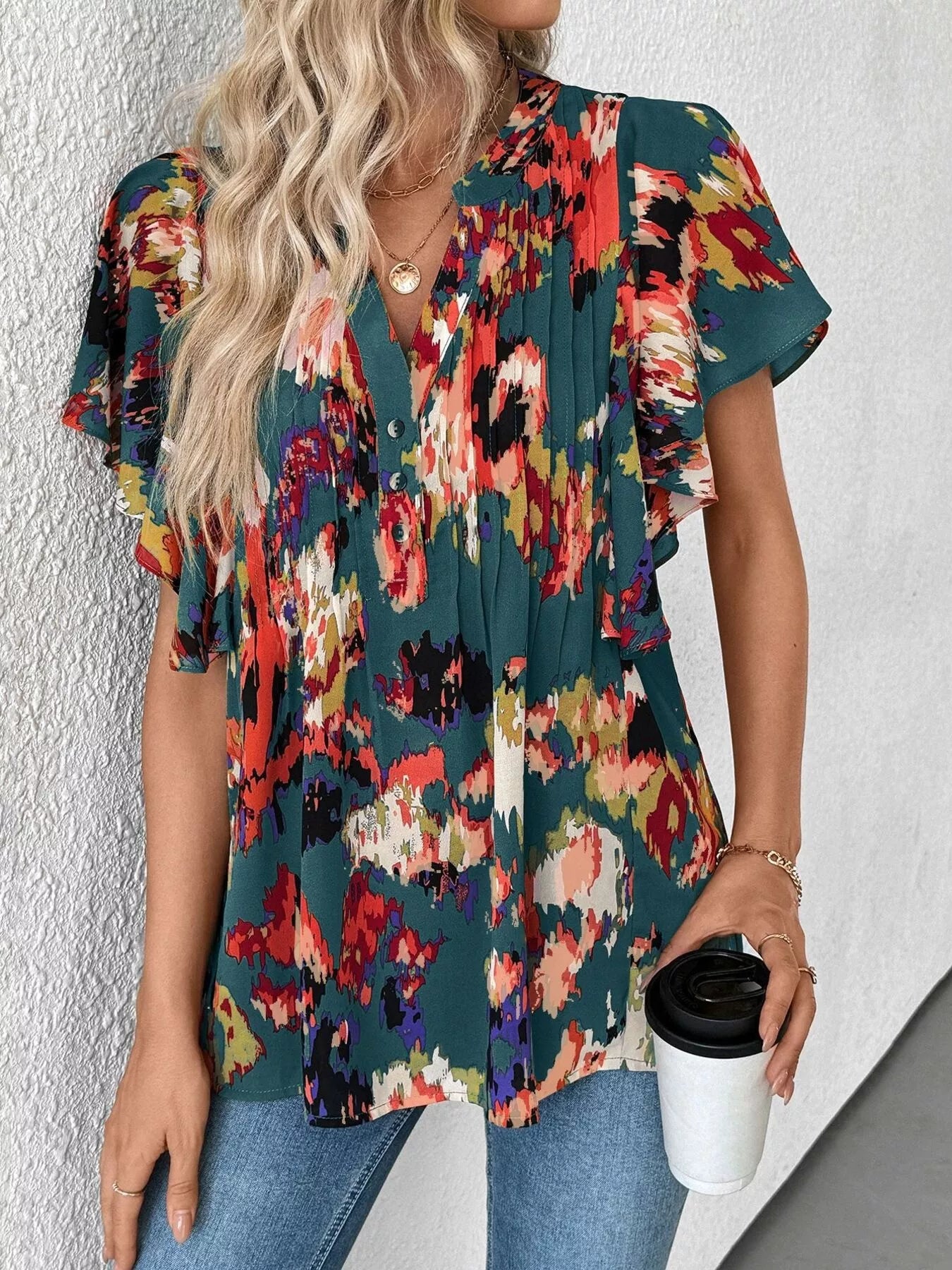 Women abstract print blouse ruffle sleeve stylish top Elluxora