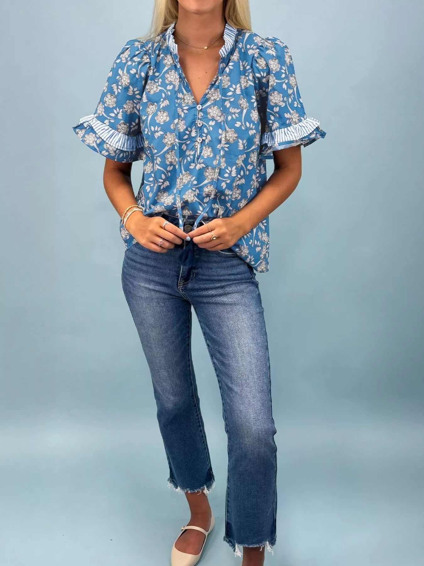 Stylish floral blouse for women ruffle sleeve cotton design 