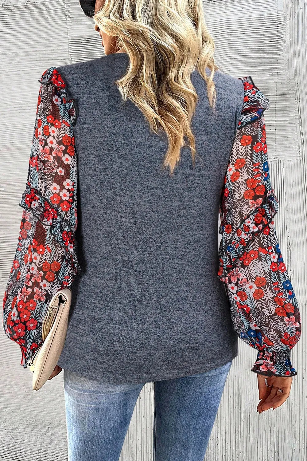 Fitted women blouse heathered floral lantern sleeve frill style