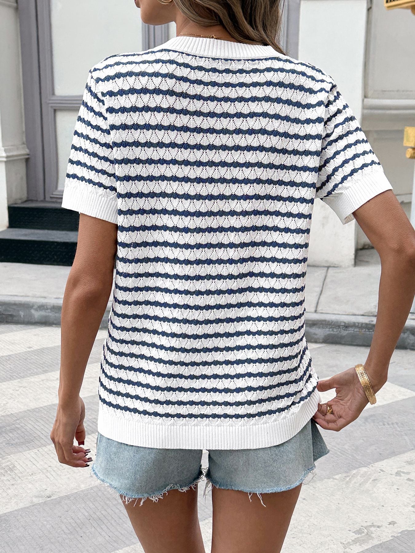 Trendy women knit top striped short sleeve button detail style 