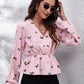 Comfortable women blouse butterfly print balloon sleeve peplum design