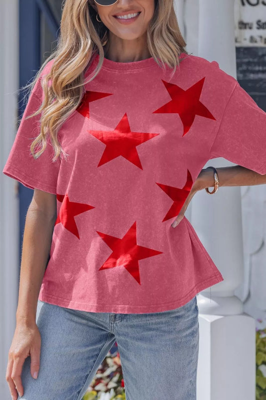 Independence Day star print mineral wash t shirt for women Elluxora