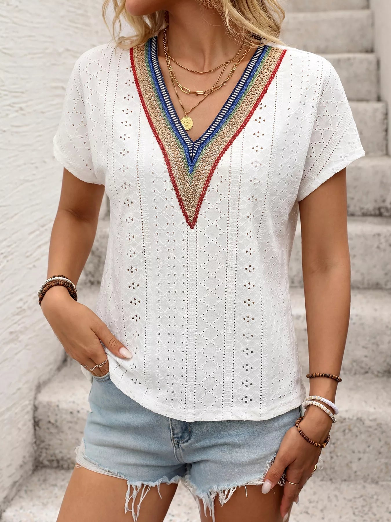 Eyelet v neck short sleeve top for women casual blouse Elluxora