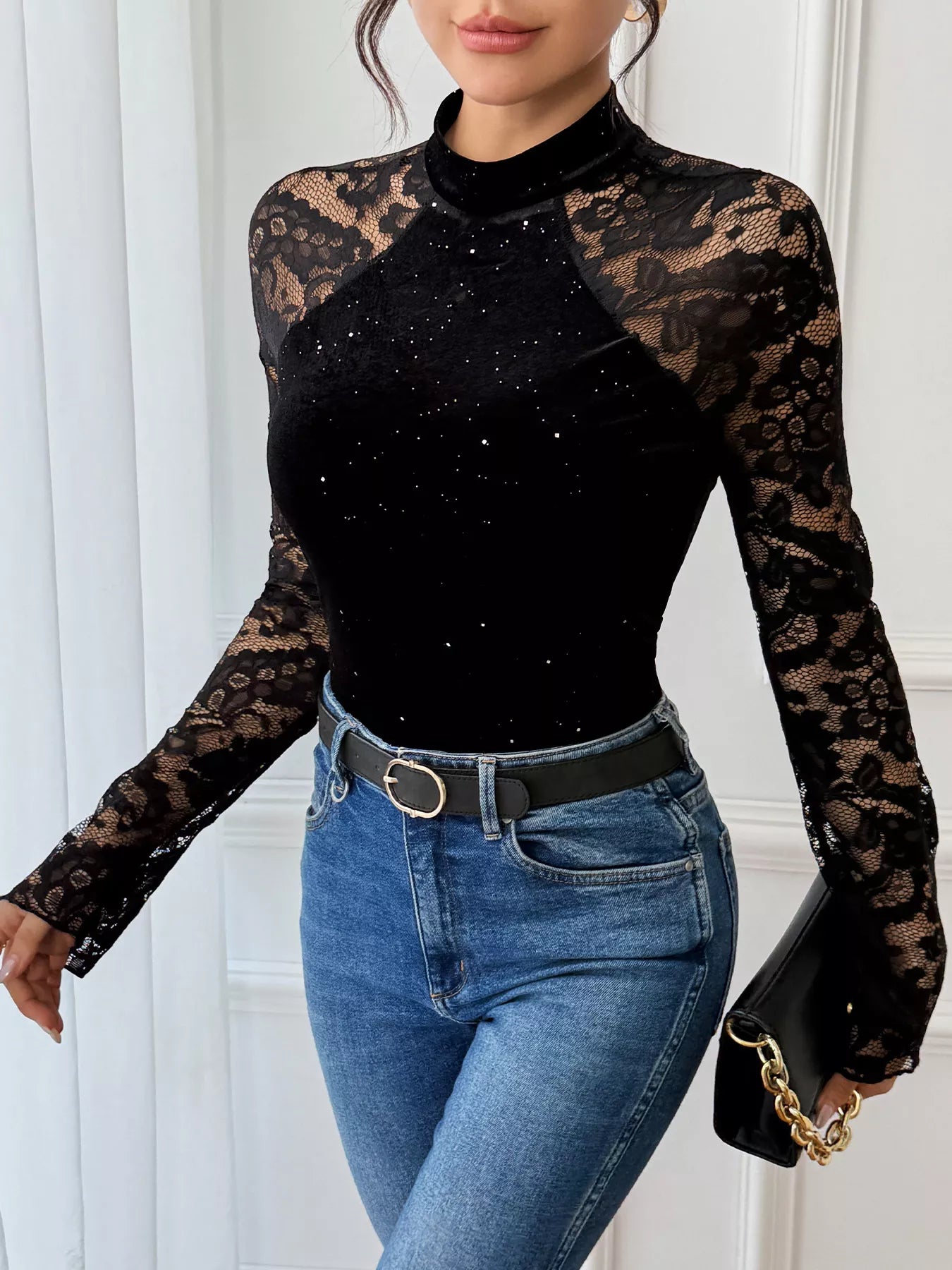 Elegant lace mock neck bodysuit for women sheer style
