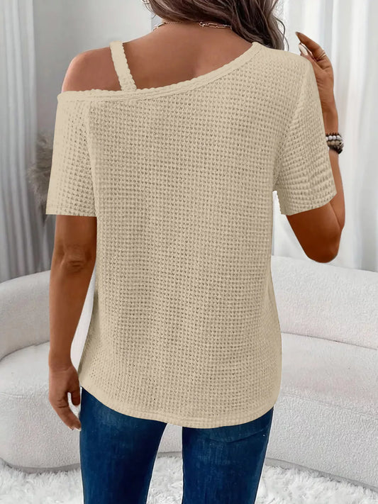 Stylish waffle knit t shirt women one shoulder chain detail top