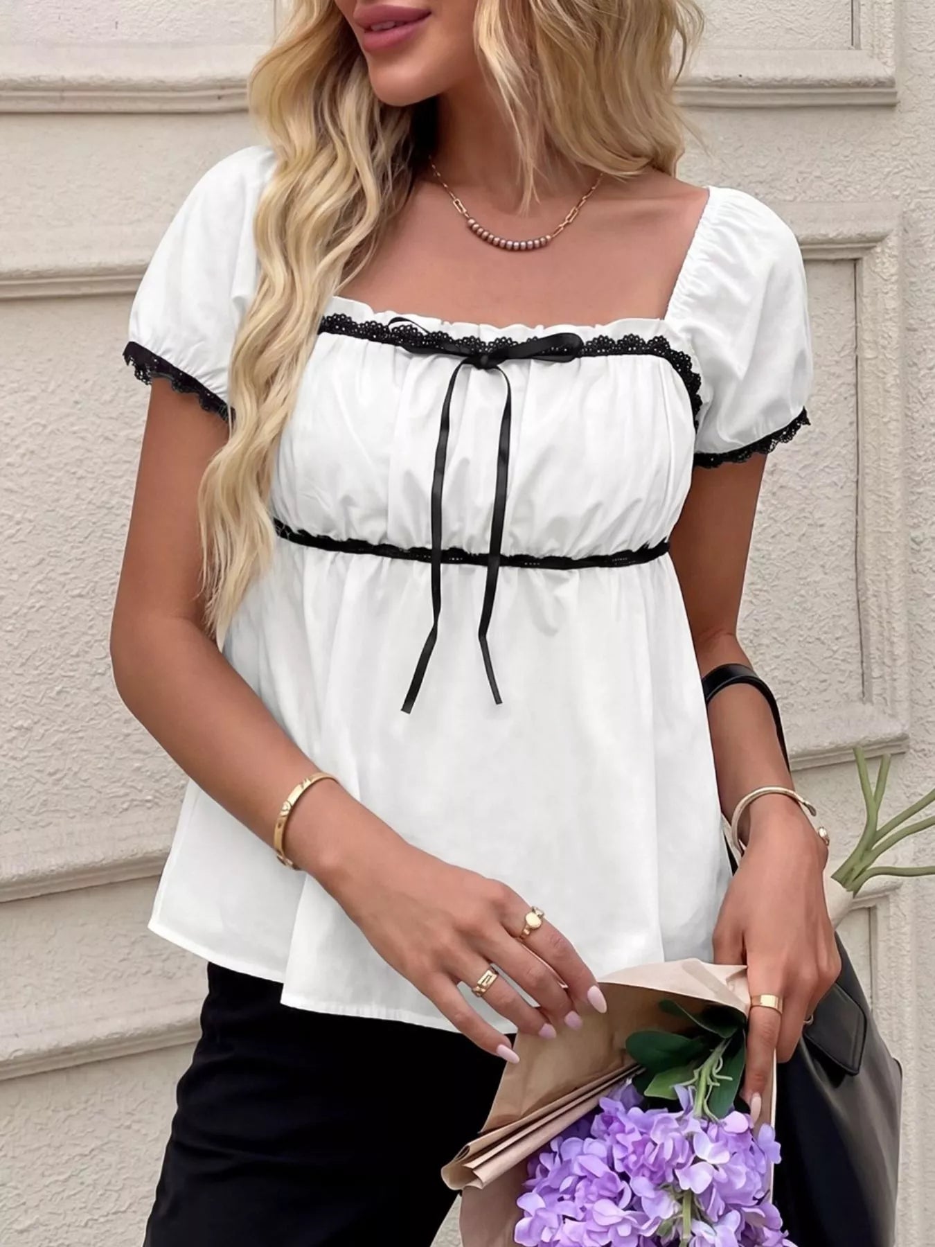 Women feminine lace blouse bowknot trim short sleeve style